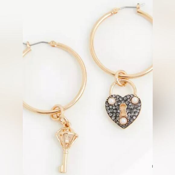 TORRID & Betsey Johnson Momento Mori Gold Hoop Heart Lock + Key Earrings - Picture 8 of 12